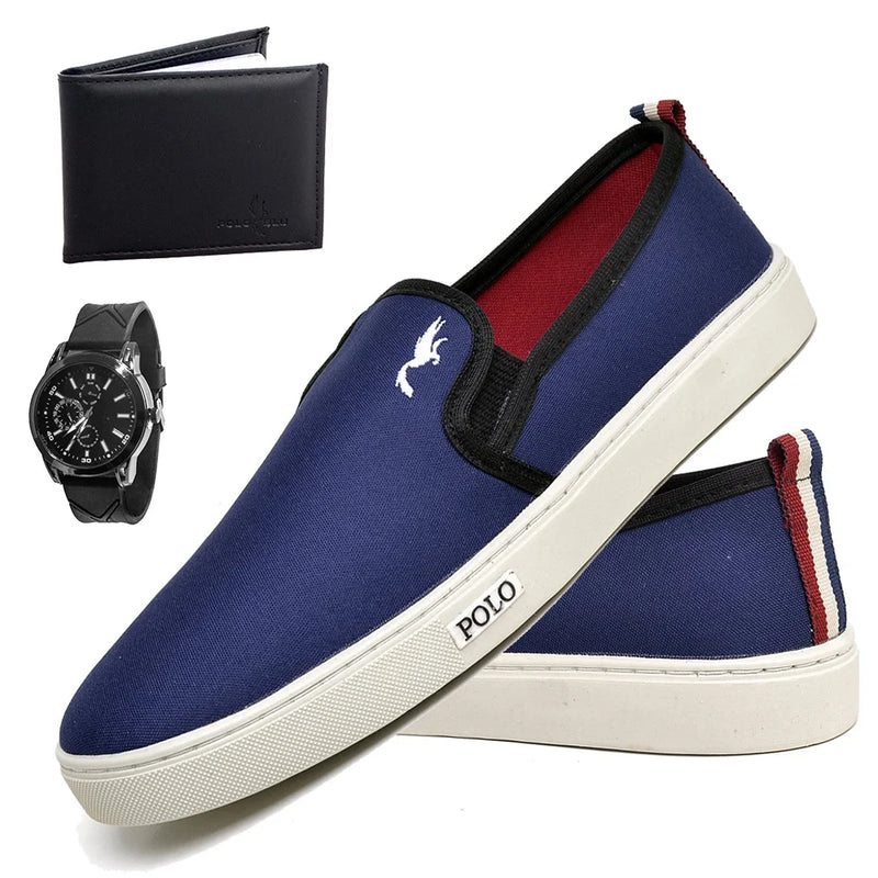 Kit Tênis Casual Masculino Slip-On + Relógio e Carteira - Teus Pulos