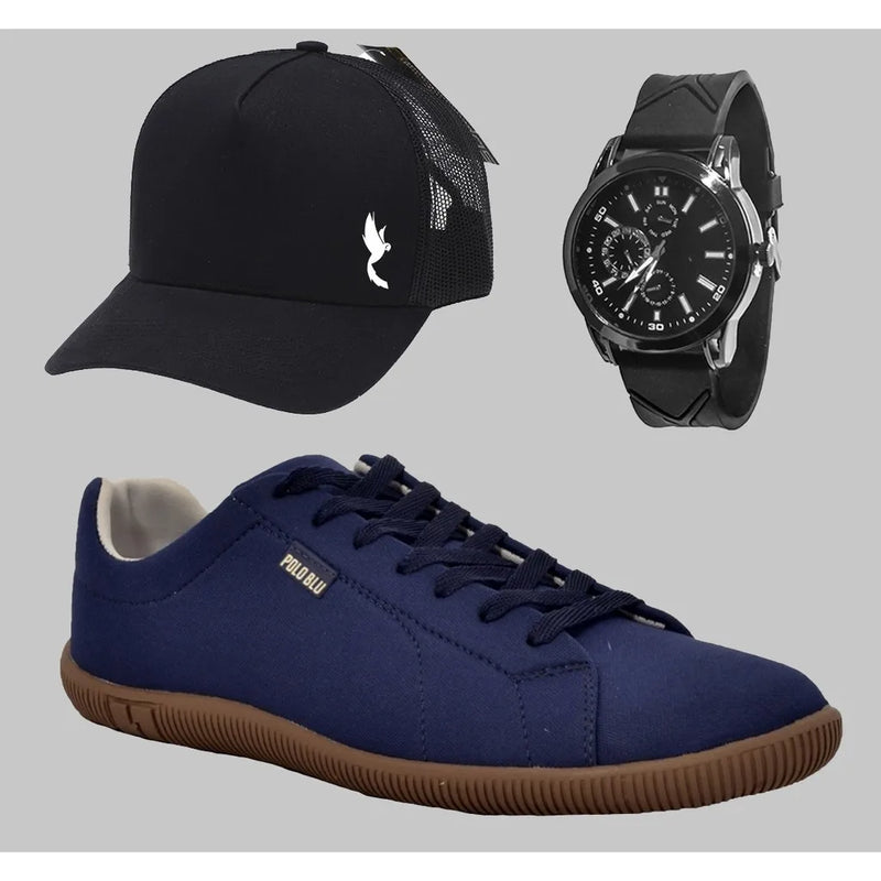 Kit Tênis Masculino Casual Sapatenis Polo Blu Com Relógio e Boné Preto - Teus Pulos