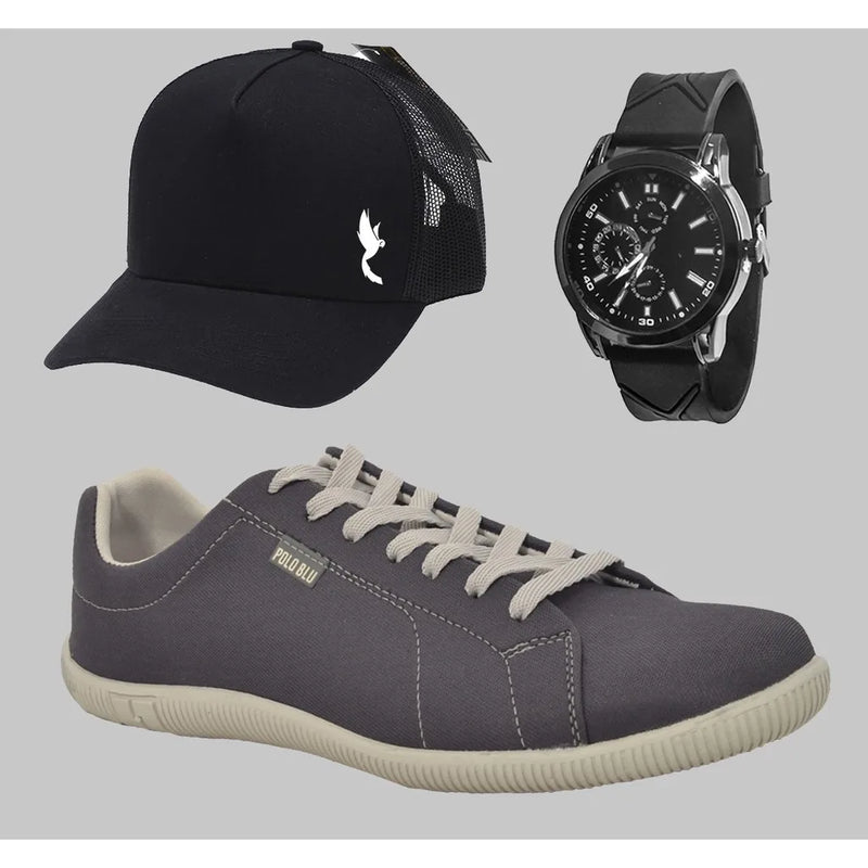 Kit Tênis Masculino Casual Sapatenis Polo Blu Com Relógio e Boné Preto - Teus Pulos